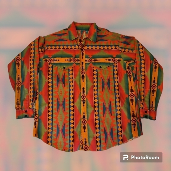 VTG HANDMADE 1980s Southwestern Aztec Western Cowboy Button Down Rodeo Shirt - Picture 1 of 4